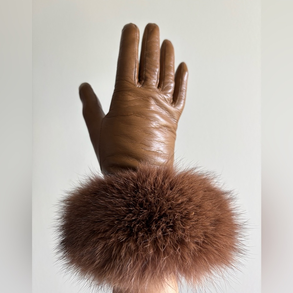 Brown Genuine Leather Gloves with Fur Cuff XS